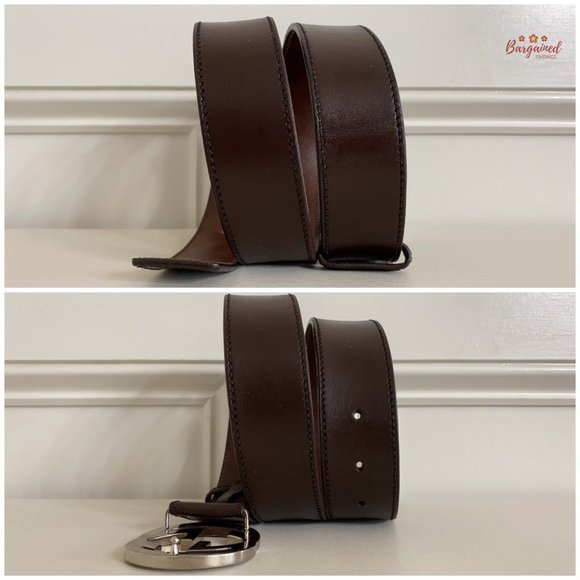 Authentic Gucci Brown Calfskin Leather Silver Interlocking G Buckle Belt 85/34 - Picture 8 of 13